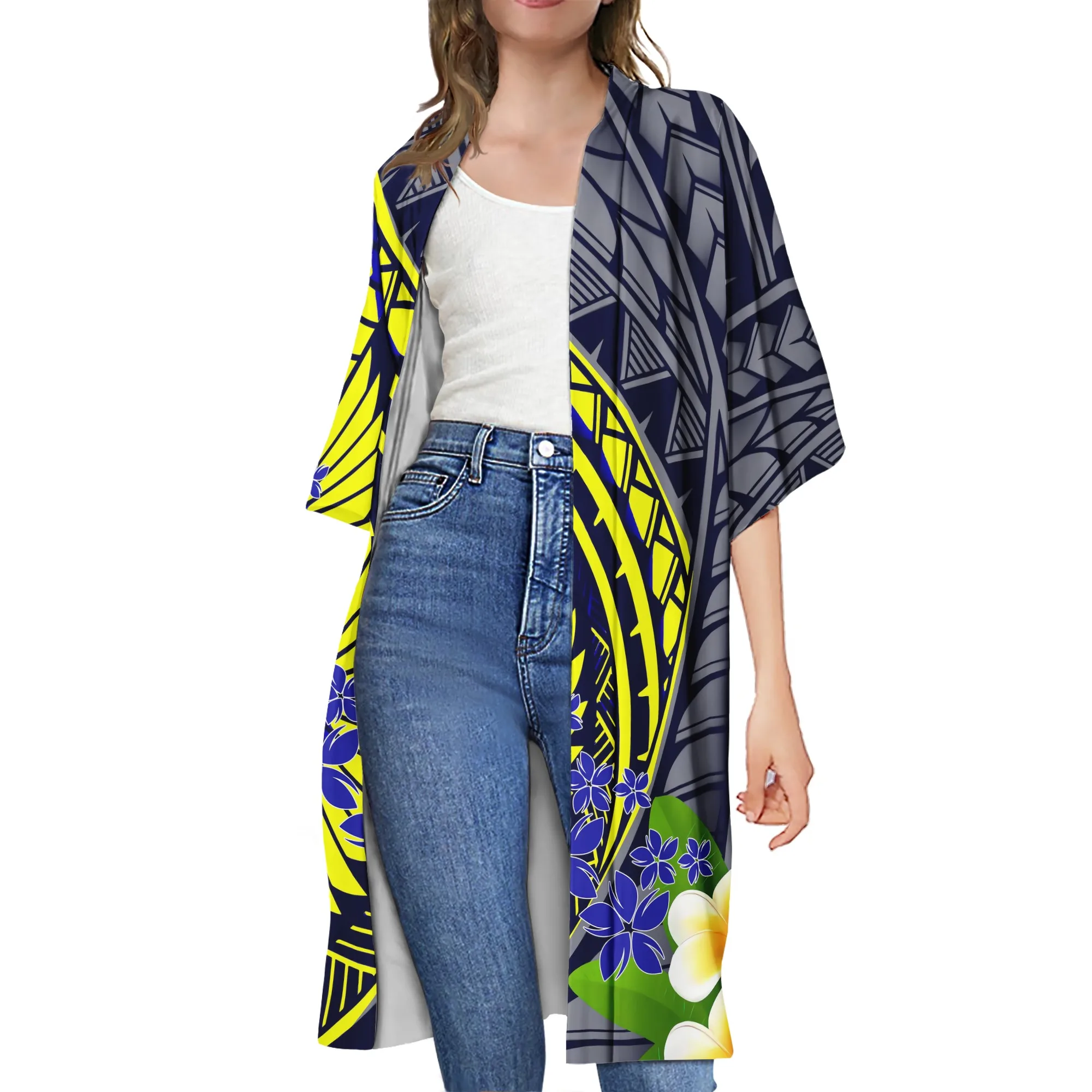 Custom pattern women's cardigan and kimono jacket Polynesian traditional tribal style ladies casual robe  top coat