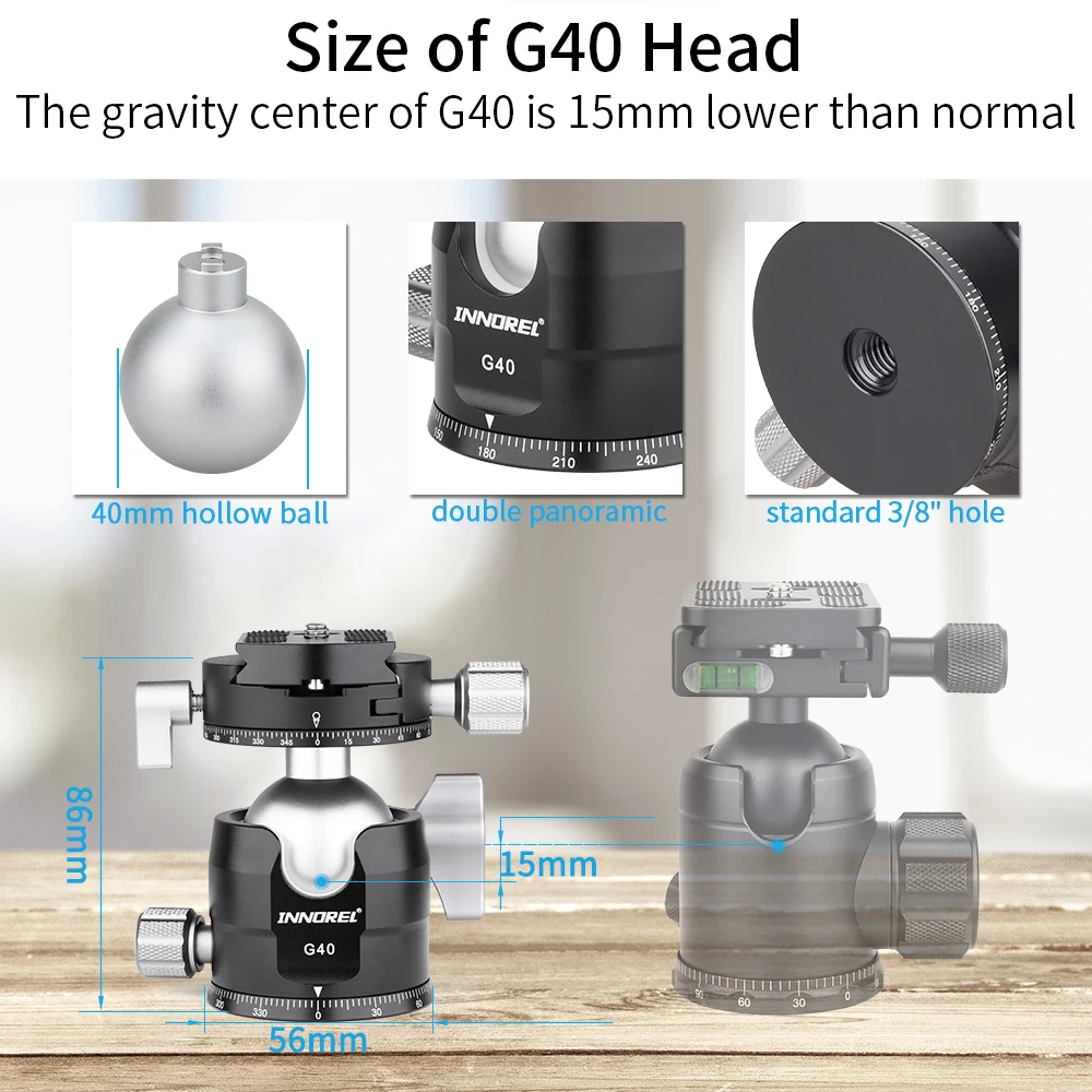 INNOREL G34/G40 Professional Low Profile Gravity Center Double Panoramic Tripod Ballhead add Universal Q.R.Plate for DSLR Camera