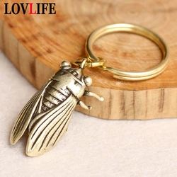 Vintage Brass Cicada Keychain Pendants Gifts Pure Copper Lucky Key Chain Ring Hanging Trinkets Chinese Feng Shui Keyring Pendant