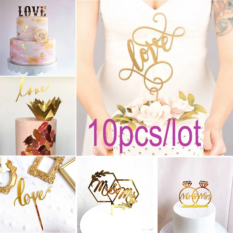 New 10pcs/lot Gold Hand Writing Love Wedding Acrylic Cake Topper Valentine's Day Cake Topper for Wedding Party Cake Decoration