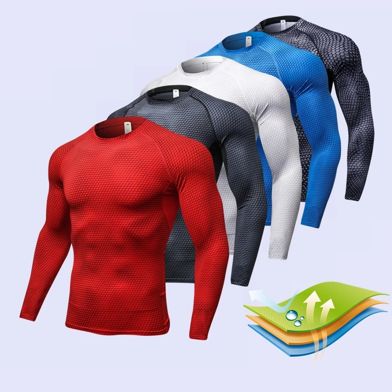 T-shirt de sport à manches longues pour hommes, vêtements thermiques, compression de gymnastique, séchage rapide, chemise collante, musculation,