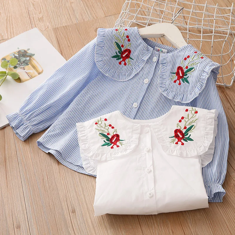 

2024 New Spring Autumn 2 3 4 6 8 10 Years Cotton White Blue Striped Embroidery Flower Flare Sleeve Kids Baby Girls Blouse Shirt