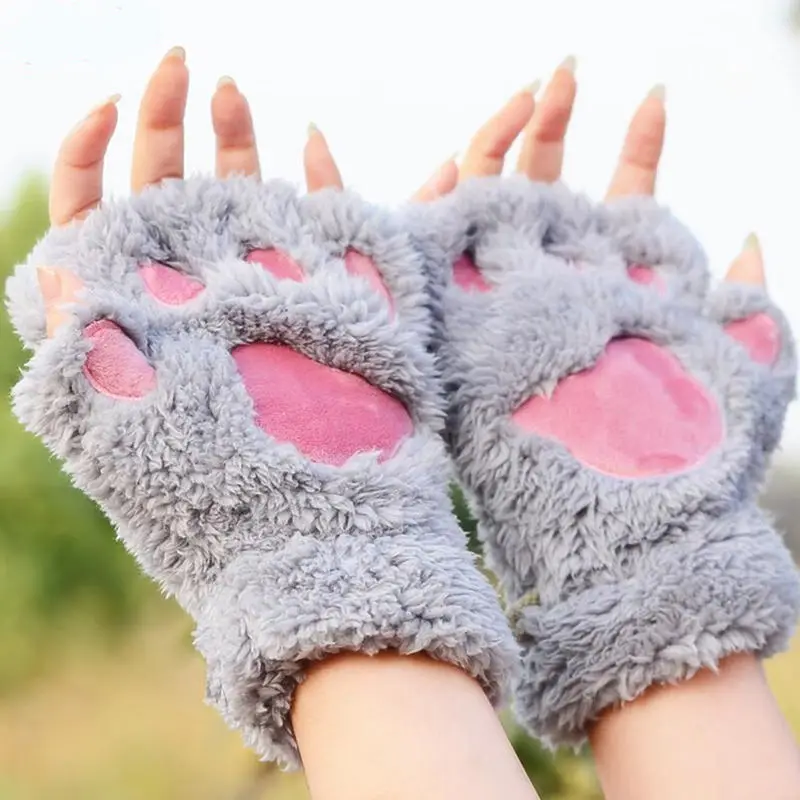 Autumn Winter Cute Cat Claw Paw Plush Mittens Women Warm Soft Plush Fingerless Fluffy Bear Gloves Half Finger Black Beige