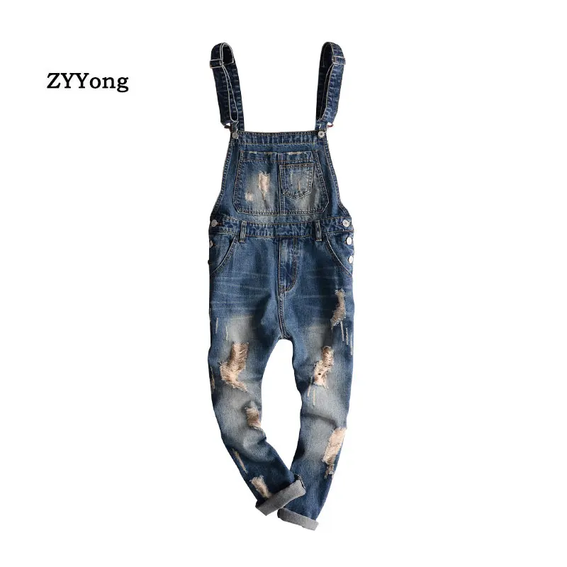 

Blue Hole Overalls Men Denim Jumpsuit Ripped Tattered Jeans Bib Ankle Length Hip Hop Big Pocket Cargo Pants Trousers Clothing