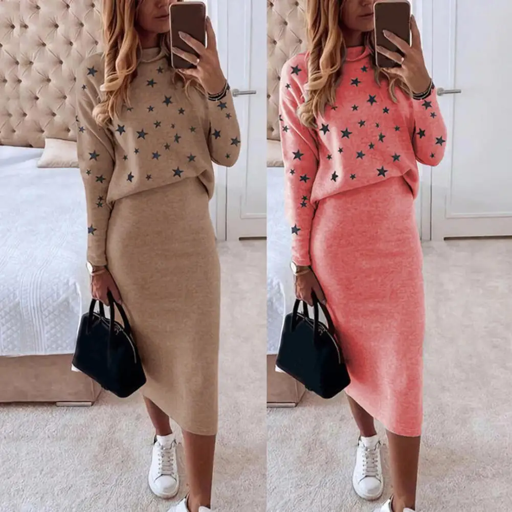 Women Skirt Suit Streetwear Blouse Skirt Lady Turtleneck  Casual Bodycon Mid-Calf Blouse Skirt Костюмы с юбкой костюм женский