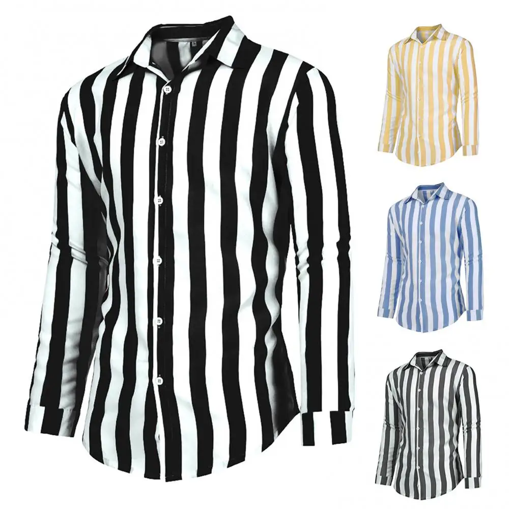 40%HOT Fashion Turndown Collar Vertical Stripes Loose Button Long Sleeve Men Shirt Top