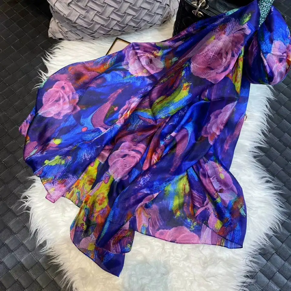 New Summer Women Blue Pink Roses Silk Beach Shawl Scarf Brand Fashion 100% Pure Silk Long Scarves Wraps Fall Winter Neck Scarf
