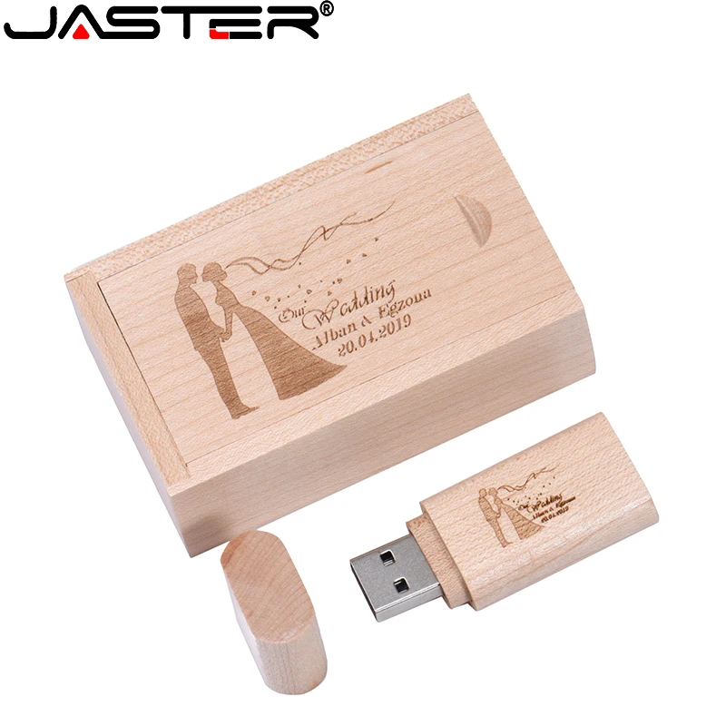 JASTER Free Custom Logo USB Flash Drive Wooden Box Pen Drive Wood Personalized Memory Stick 128GB 8GB 32GB 64GB Photography gift