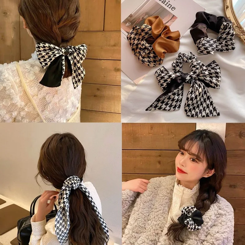 

Houndstooth color matching large intestine hair ring fashionable bow ribbon retro hair band net red girl hair rope headdress