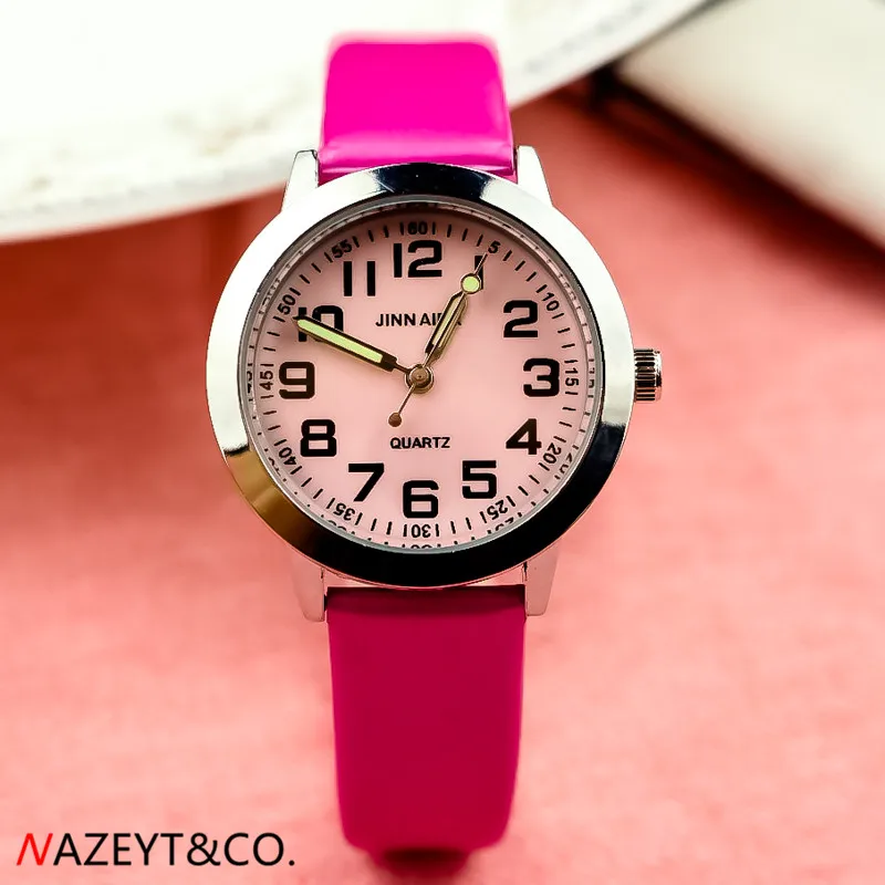 NAZEYT little boys girls cute pink face simple design quartz watch children PU leahter wristwatch kids luminous hands gift clock