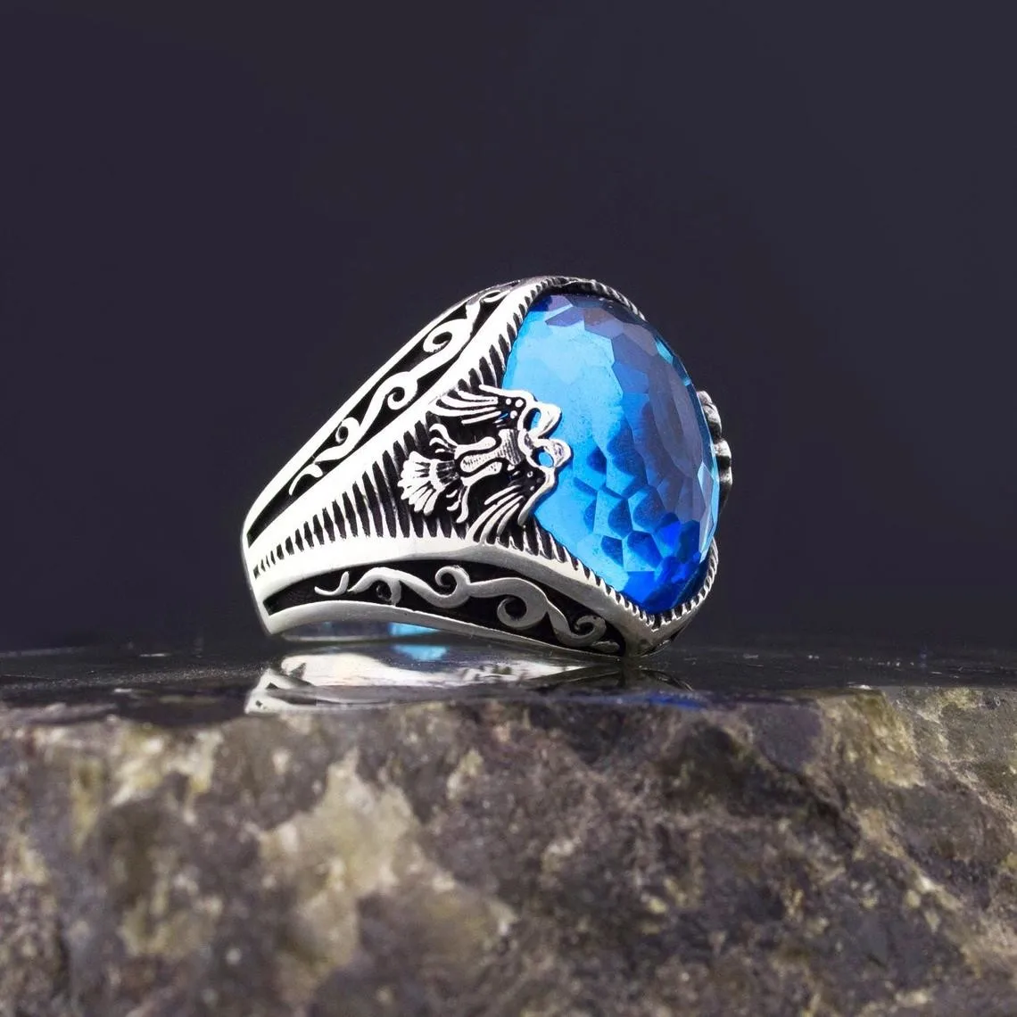 Solid 925 Sterling Silver Double Headed Eagle Aquamarine Stone Men's Ring Special Ring Jewelry Accessory For Men Gift Idea