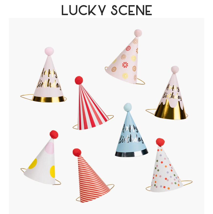 Birthday Party Hats Paper Cone Felt Pompoms  Art Craft Kids Adults Party Costume Accessories Assorted Colors S00958