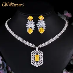 CWWZircons Gorgeous Dubai Yellow Cubic Zirconia Stone Flower Bride Necklace Jewelry Set Wedding Party Women Accessories T494