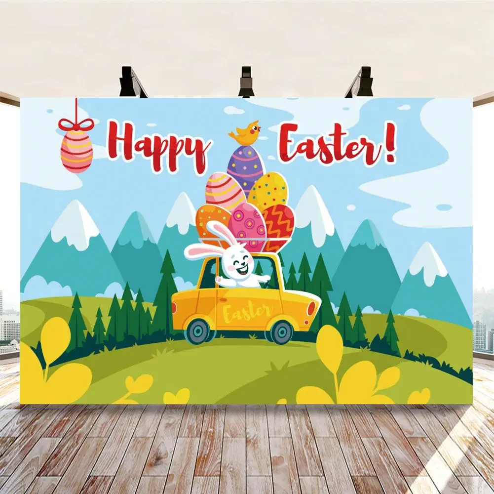 Spring Forest Backdrops Baby Cartoon Happy Easter Day Rabbit Flowers Eggs Grass Poster Photographic Background For Table Decor