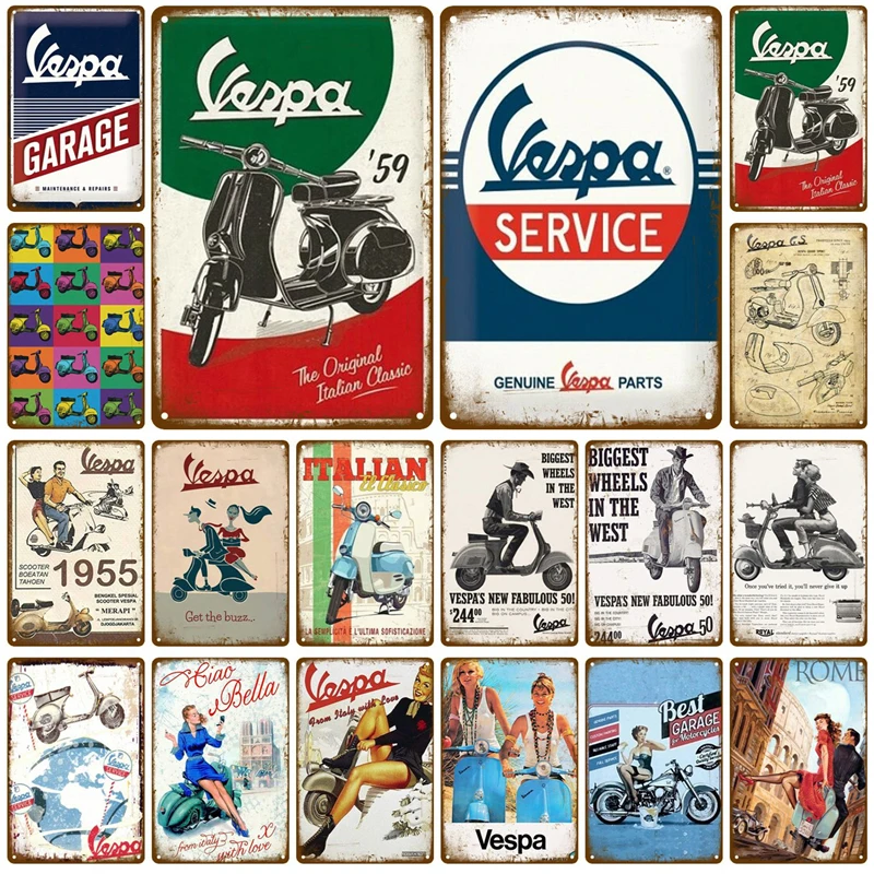 Vespa Motorcycle Wall Signs Art Painting Printed Metal Tin Signs Art Decor For Bar Pub Cafe Garage Vintage Pin Up Poster Plaques