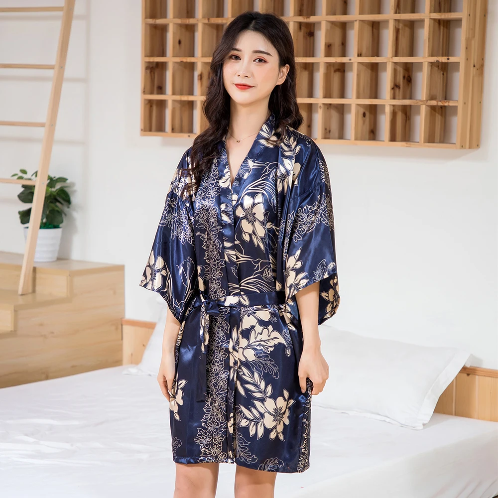 Navy Blue Men Kimono Robe Comfortable Soft Satin Bath Gown Intimate Lingerie Summer Casual Half Sleeve Home Wear Sleepwear