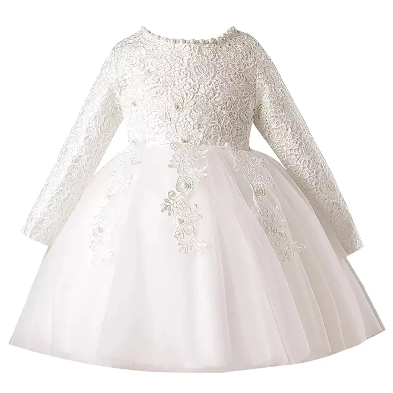 White Lace 1 Year Birthday Toddler Girl Baptism Dress Christmas Costumes Newborn Baby Princess Long Sleeve Christening Gown