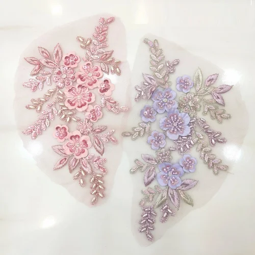 Hilo de red cosido a mano, cuentas en flor, bordado diy, Apliques de encaje, ropa, accesorios de vestido de novia, 1 par