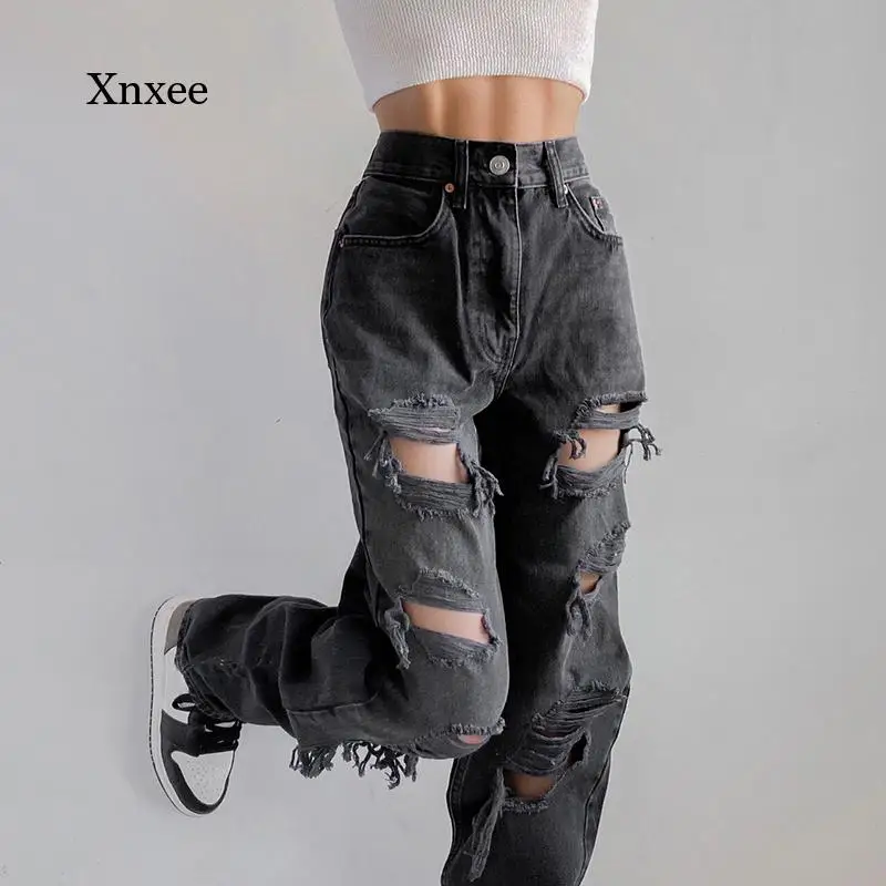 

High Waist Denim Trousers Holes Casual Black Ripped Jeans Pants Woman Harajuku Vintage Distressed Capri Summer Bottoms Clothing