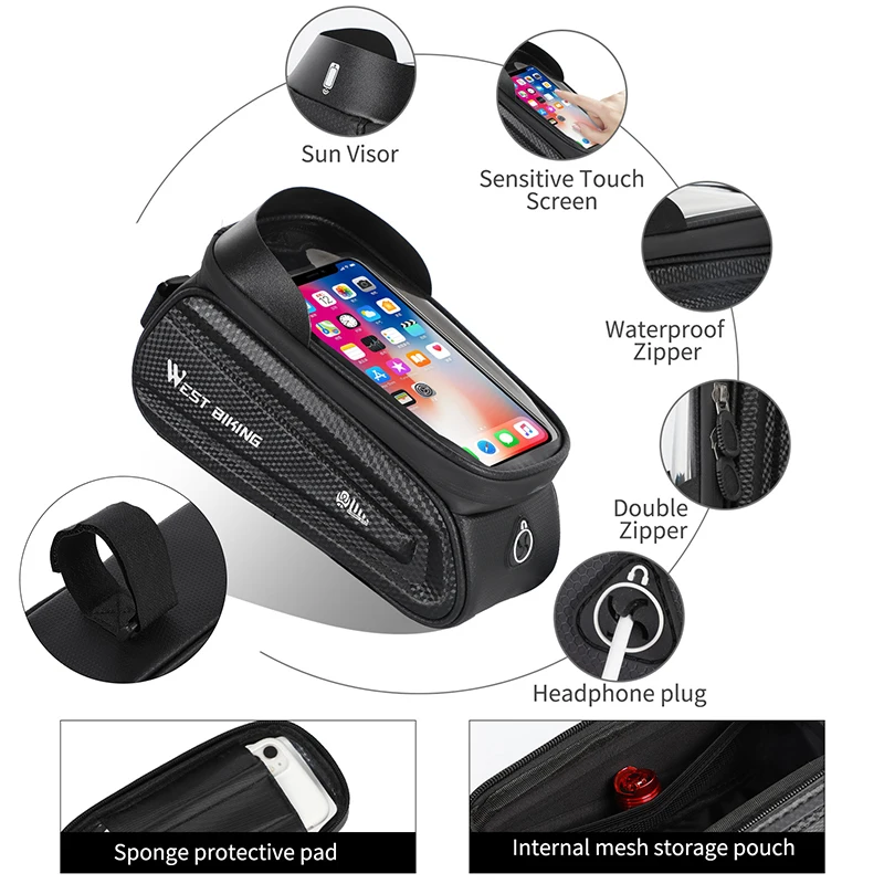 WEST BIKING Bicycle Front Frame Bag 6-7.2 Inch Phone Big Capacity Waterproof Touch Screen MTB Road Scooter Bicycle Accessories
