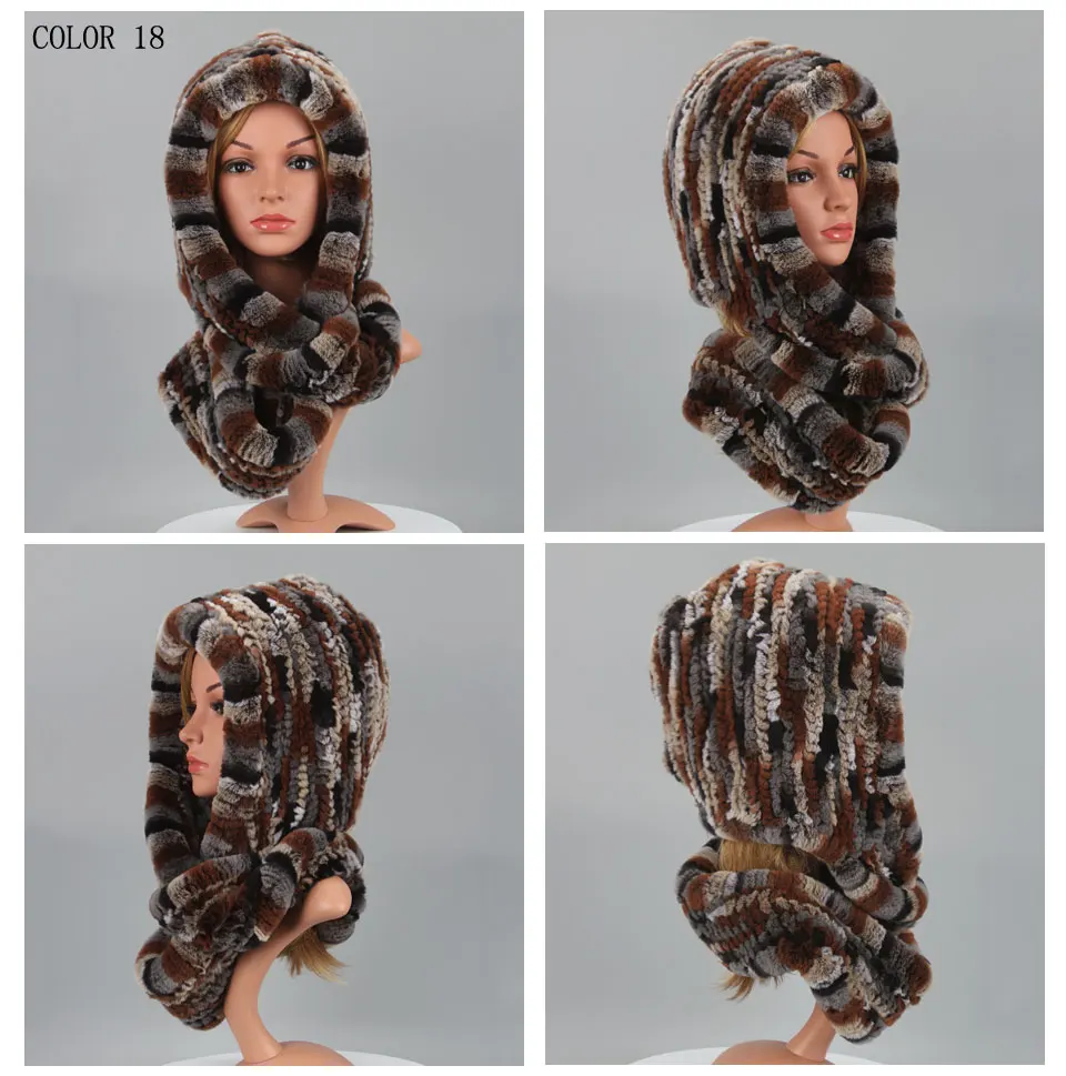 Frauen Gestrickte Echte Rex Kaninchen Pelz Hut Mit Kapuze Schal Winter Hüte für Frau Herbst Kappe Warme Natürliche Pelzmütze mit Hals Schals Bonnets – Detail 23