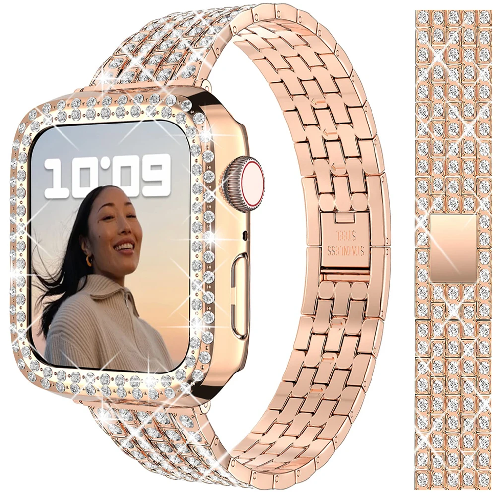 

Чехол + бриллиантовый ремешок для часов Apple, ремешок 40 мм, 41 мм, 38 мм, 45 мм, 44 мм, браслет 42 мм, 38 мм, металлический ремешок для часов iWatch Series 3 4 5 6 se 7