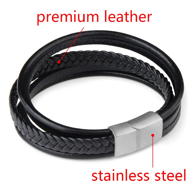 Trendy Genuine Leather Bracelet Men Stainless Steel Magnetic Buckle Multilayer Braided Bracelets for Male Female Bangle Jewelry