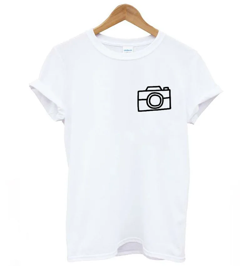 Camiseta divertida para mujer, camiseta con motivo de cámara de fotos para chica, Camiseta con estampado de bolsillo para mujer, camiseta Hipster informal Tumblr