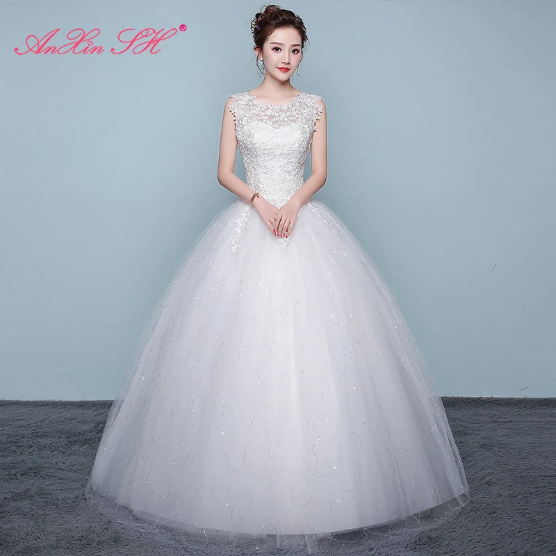 AnXin SH white lace Princess vintage o neck flower lace sleeveless sparkly party bride ball gown customized wedding dress