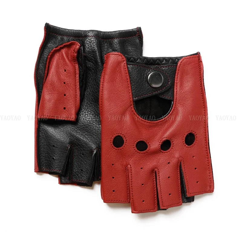 Guantes de medio dedo para hombre, manoplas delgadas de piel de oveja auténtica, color rojo/marrón/azul, para conducción, Primavera, mal100