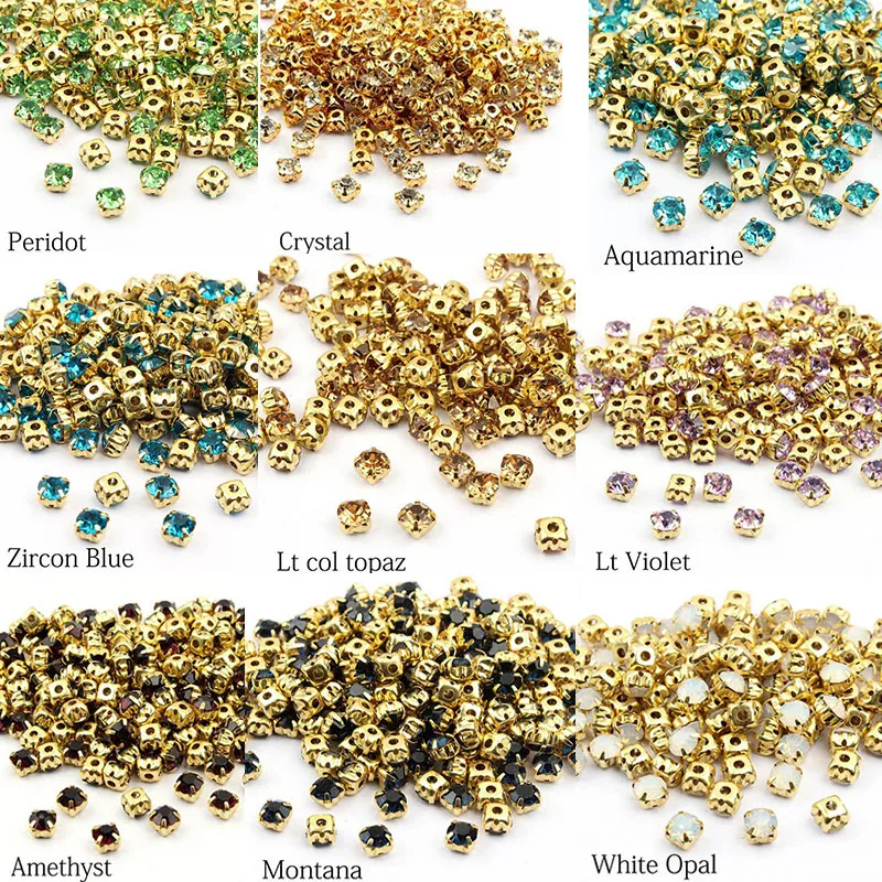 Hot sale Sew on Rhinestone 4mm/5mm/6mm/7mm Gold Claw Stones 28 Colors  for dresses decoration