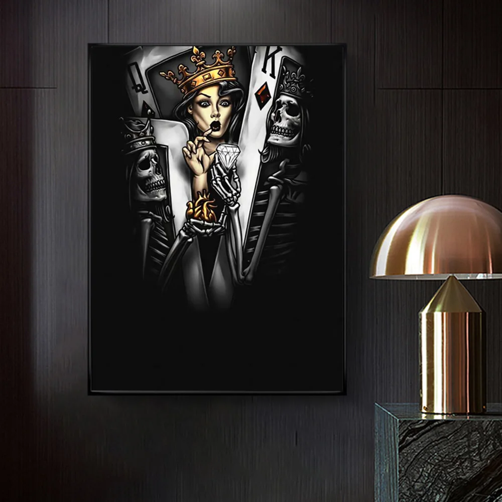Skull King And Queen Cards Art Posters And Prints Poker Girl Canvas Wall Painting For Living Room Home Decor Mural Pictures