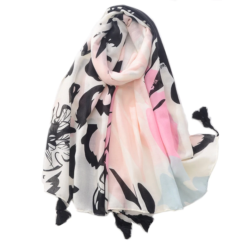 

2022 Cotton Ombre Leaf Print Tassel Scarf Shawls Long Women Head Wrap Hijab Scarves Free Shipping