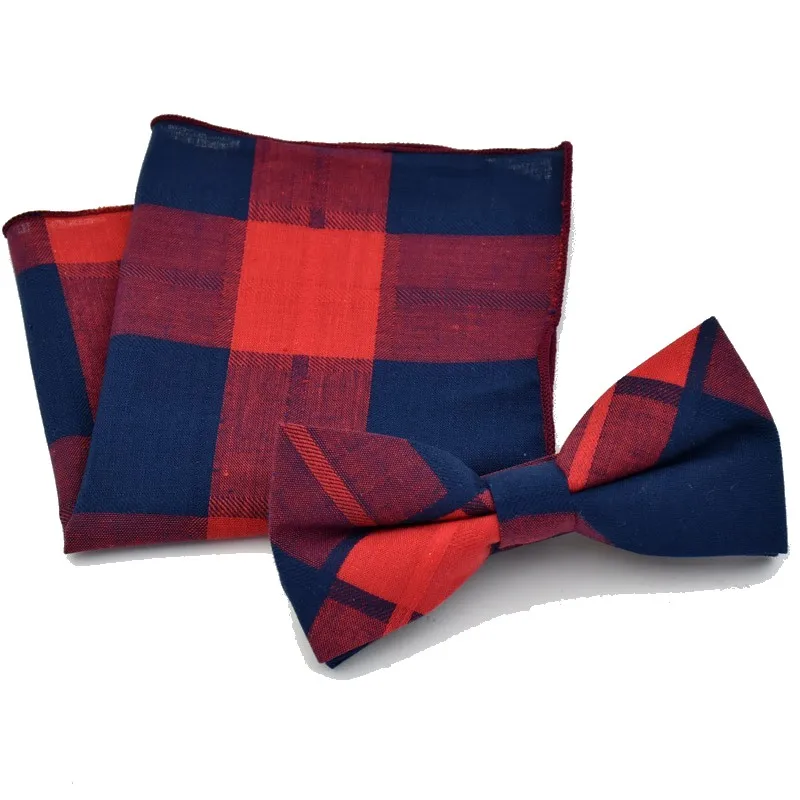 Cotton Bow Tie Set Handkerchief for Man Plaid Pocket Square Dress Shirt Striped Bowtie Hanky Satin Bowknot Accessory