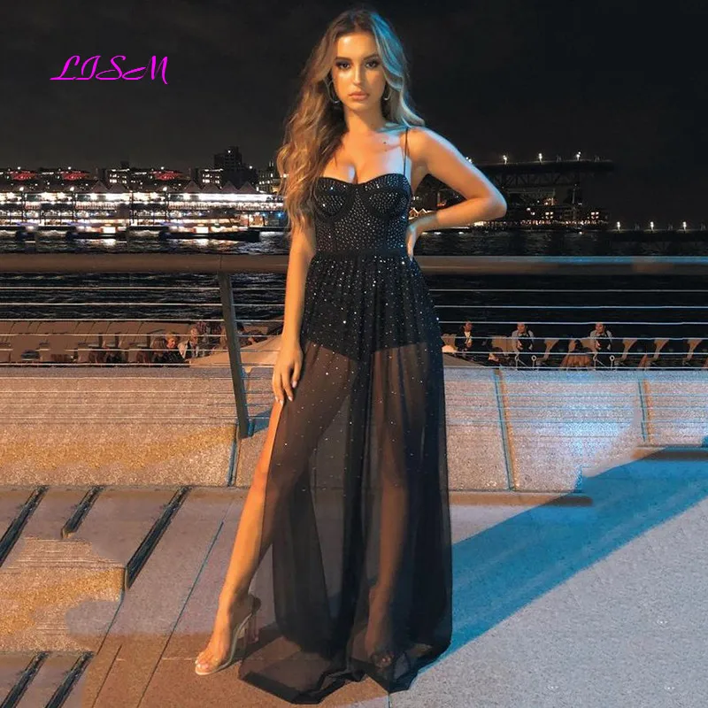 Sexy Sweetheart Black Evening Dresses Beadings Short Pants Prom Dress Straps Backless Formal Party Gowns Robe de Soiree