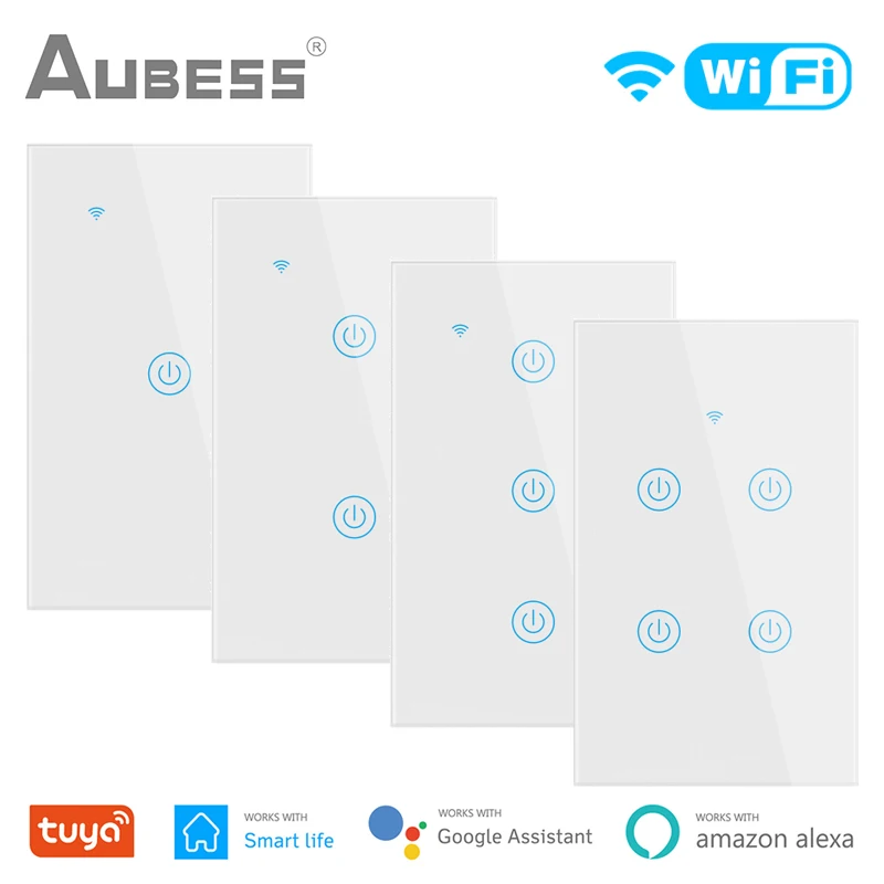 AUBESS Tuya WiFi Smart Home Switch Works with No Neutral Wire 1/2/3/4 Gang US Smart Light Switch Works With Alexa Google Home