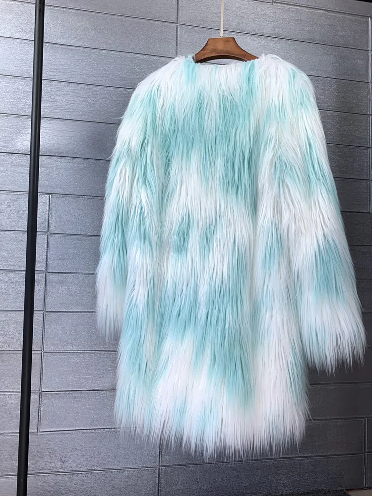 Women Long Fur Imitation Lamb Wool Fur Outwears Mixed Color Female V Neck Winter Warm Fake Fur Overcoats Fashion Jackets J3399