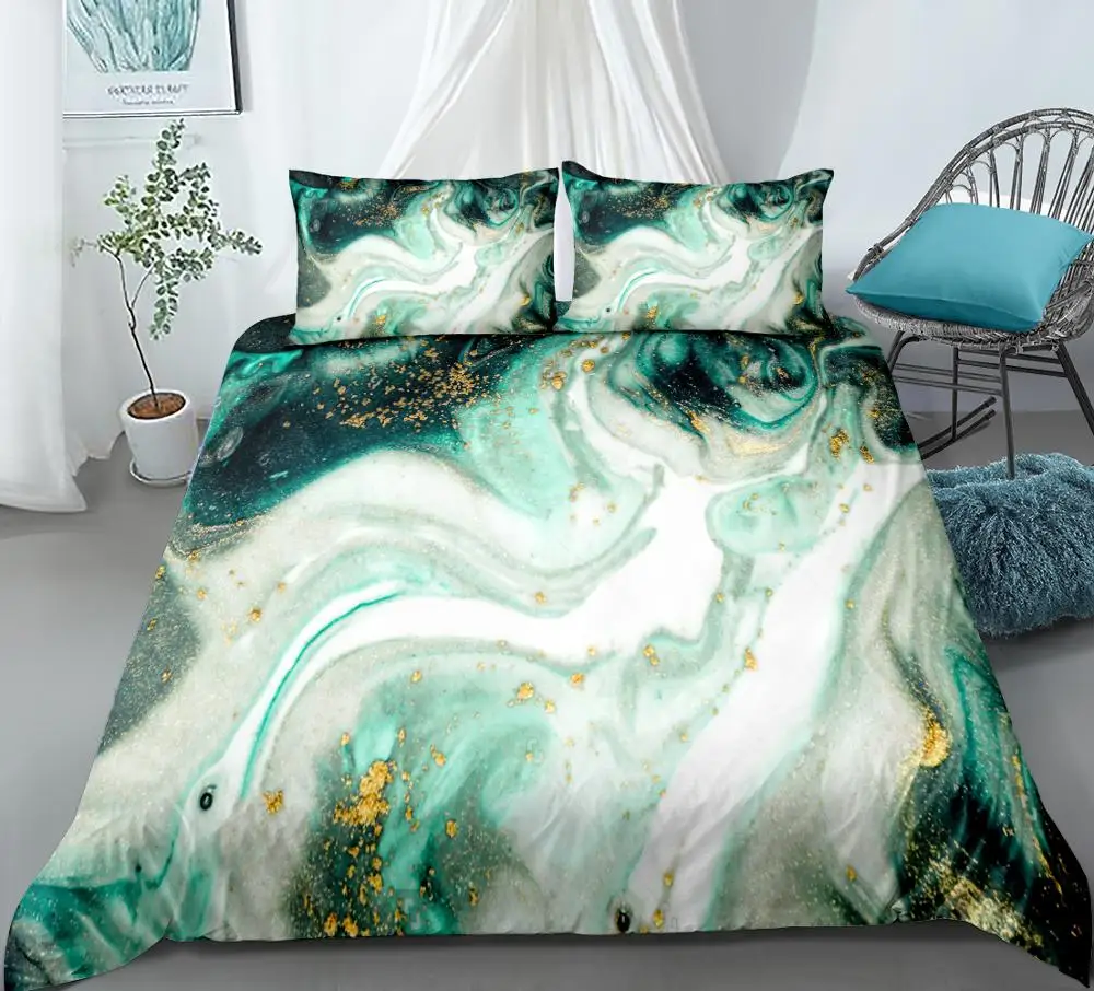 3 Pieces Marble Duvet Cover Set Green Gold Luxury Marble Bedding White Marble Abstract Art Quilt Cover Queen Bed Set Dropship