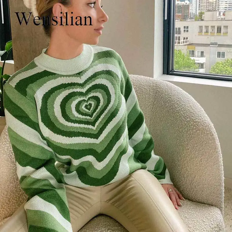 Y2K Green Sweater Aesthetics Heart Striped Sweater Turtleneck Sweet Pullovers Knitted Crop Top Long Sleeve Harajuku 90s Knitwear