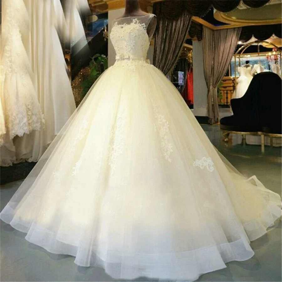 

Hollow Back Illusion Vintage Organza Wedding Dress Ball Gown Bridal Dress White Sleeveless Court Train Wedding Dresses