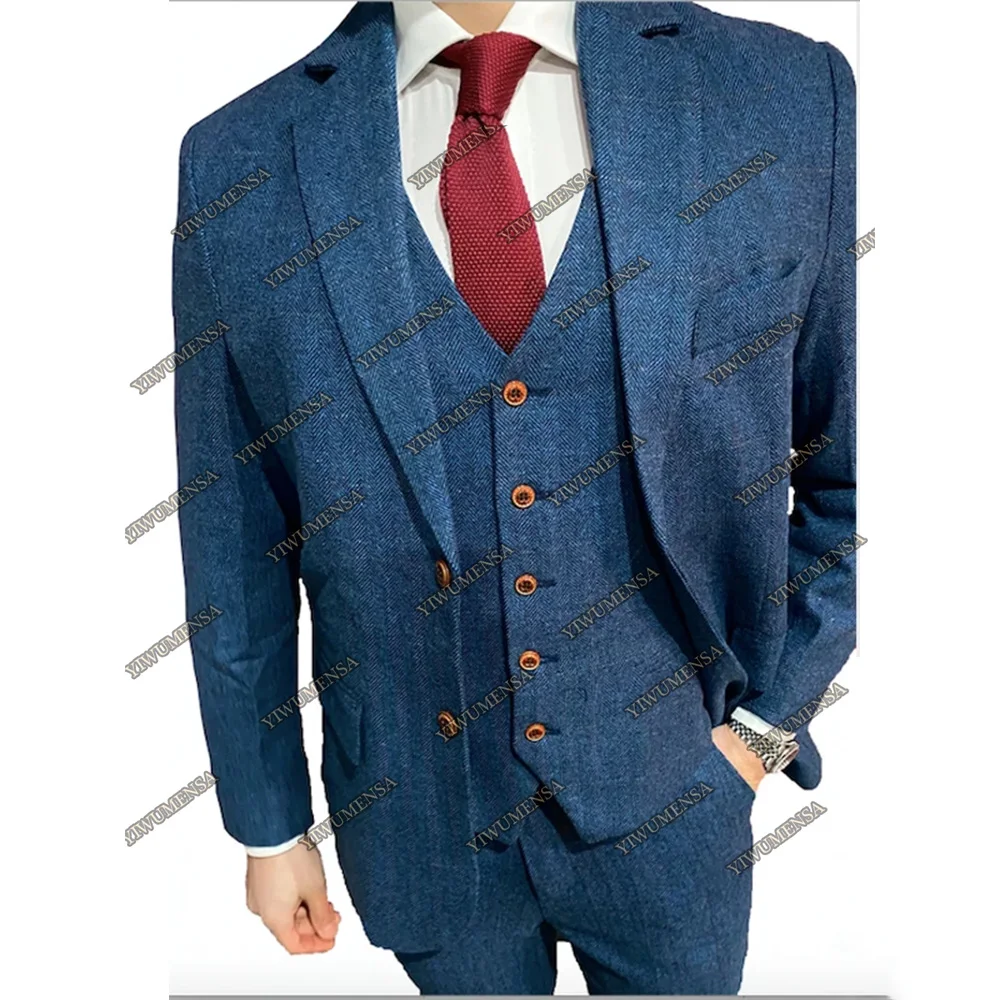 

Winter Tweed Blue Thick Wedding Suits For Groom Wear Herringbone Jacket+Vest+Pants Smoking Business Tuxedos Slim Fit 3 Pieces