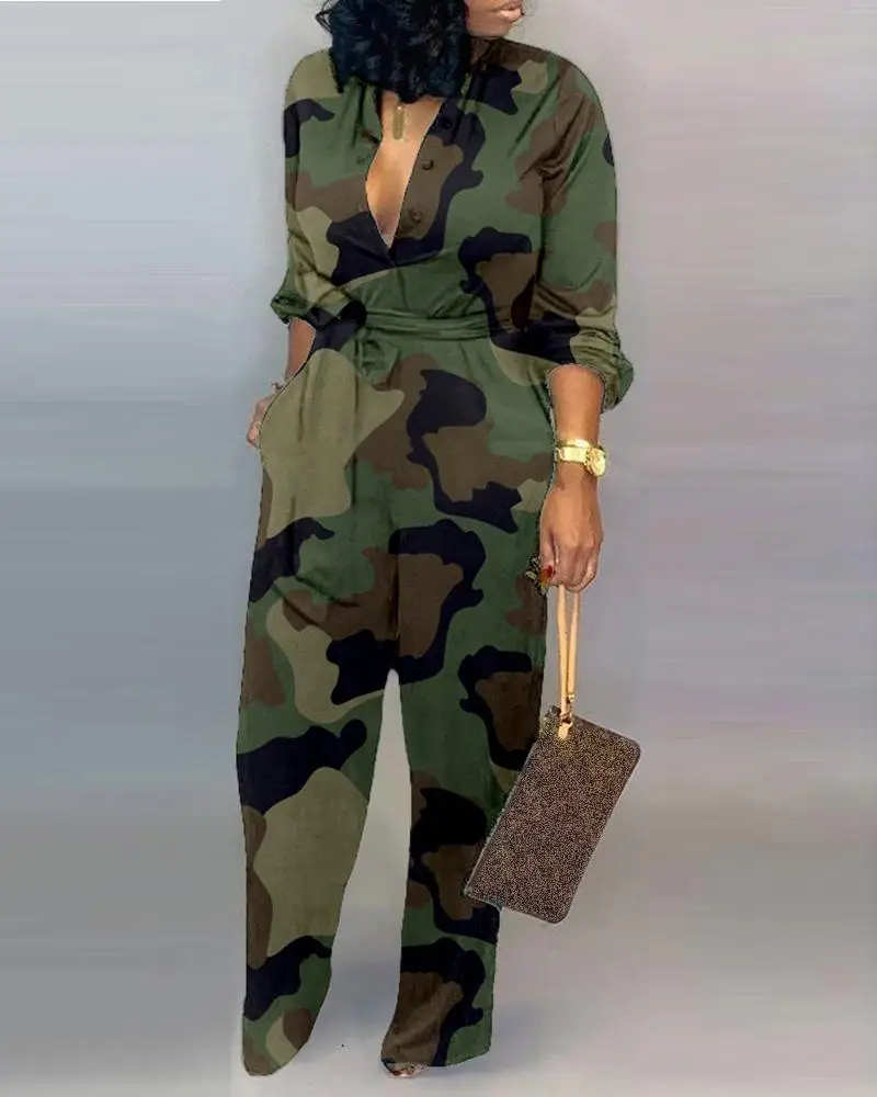 Camouflage Print Sexy One Piece Jumpsuits Fall 2019 Long Sleeve Deep V Neck Button Up Party Club Rompers Womens Jumpsuit