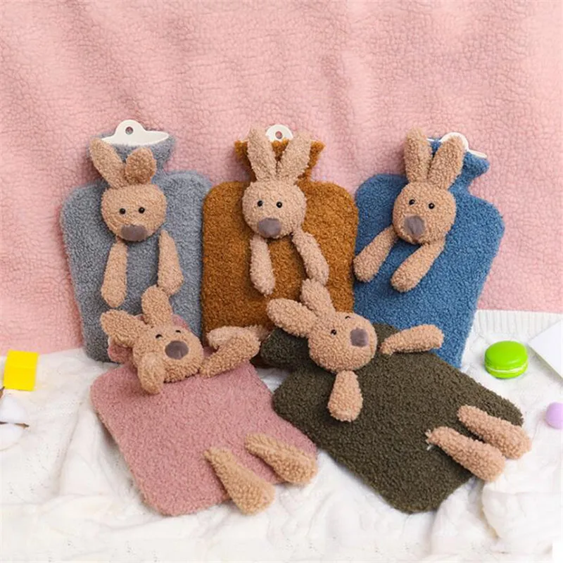 1L Hot Water Bottle with Soft Fleece Rabbit Cover Natural Rubber Water Bag Warmth Comfort Great Gift Ideal for Mother Father