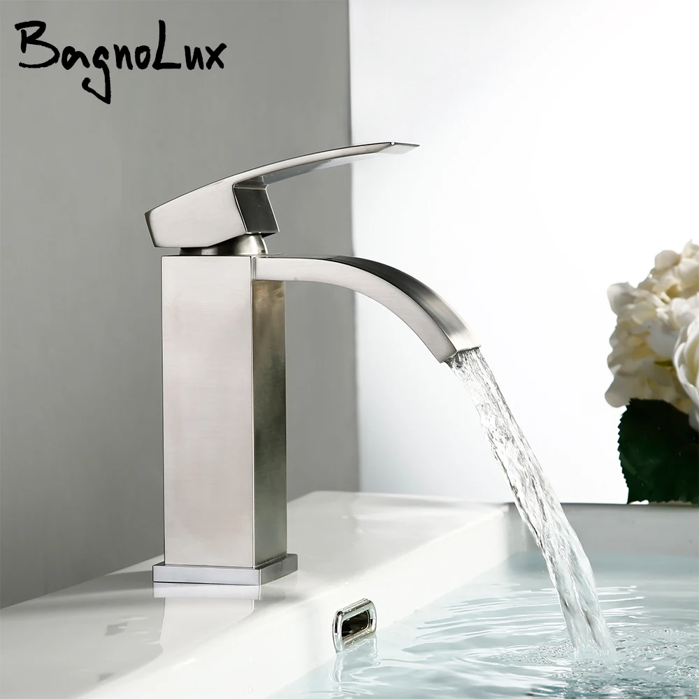 Brushed Nickel Brass Deck Mounted Single Holder Hole Basin Hybrid Hot And Cold Water Bathroom Faucet