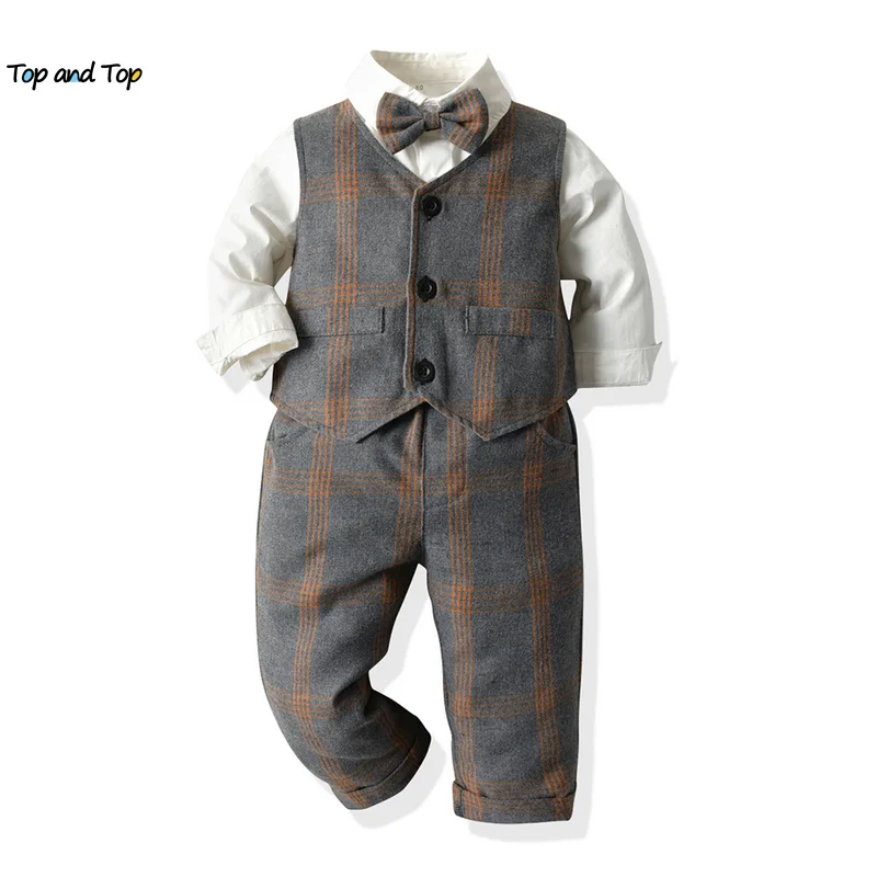 

top and top Fashion Boys Gentleman Clothing Sets Kids Boys Blazer Suits Toddler Plaid Style Shirt Pants Waistcoat 3PCS Outfits