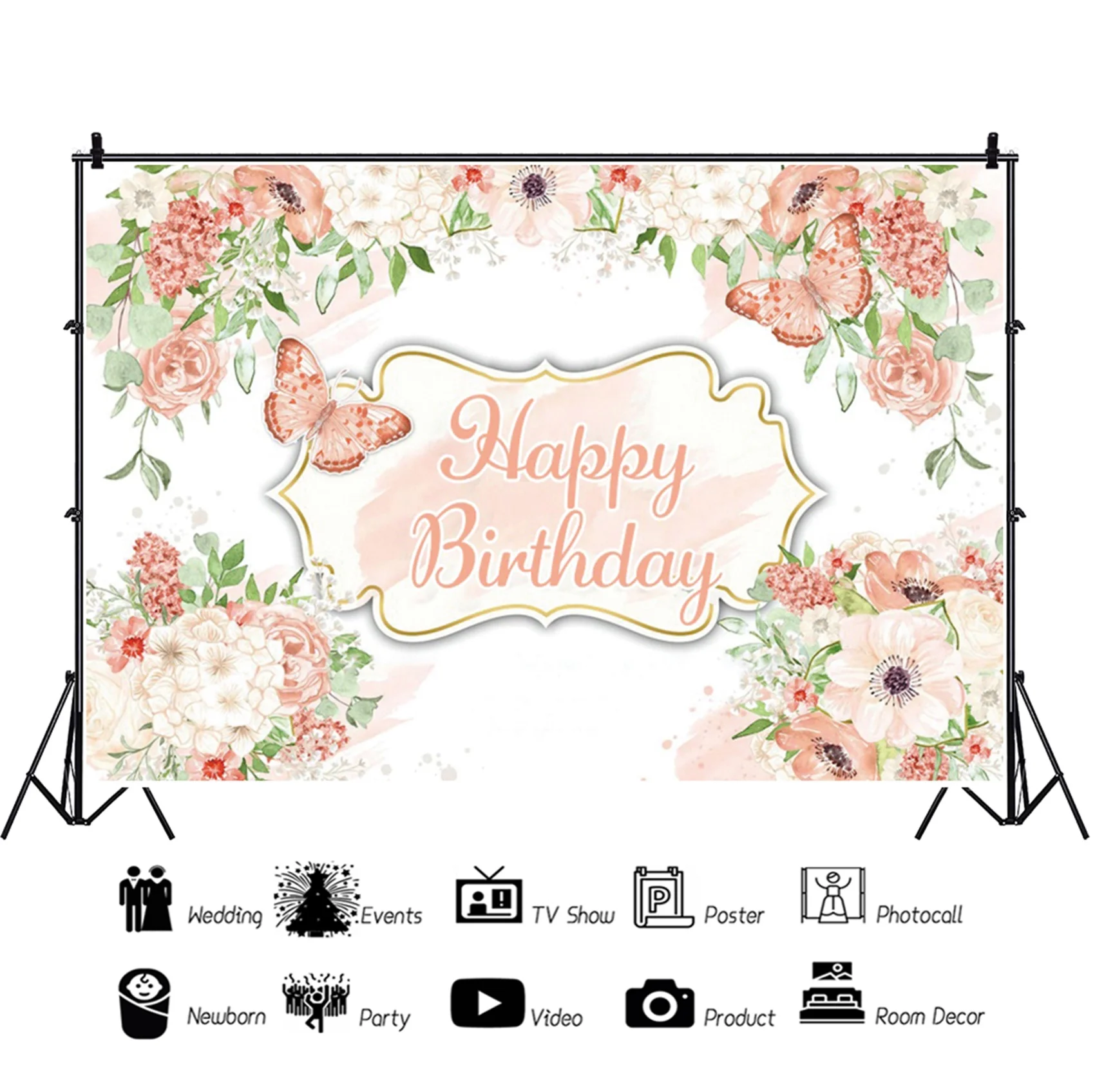 Laeacco Happy วันเกิดภาพพื้นหลังดอกไม้ผีเสื้อแสดงเด็กถ่ายภาพฉากหลังสำหรับ Photo Studio