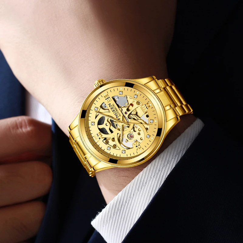 FNGEEN Gold Automatic Watch Men Stainless Steel Strap Skeleton Mechanical Watches Top Brand Luxury Luminous Pointer Watch 6018