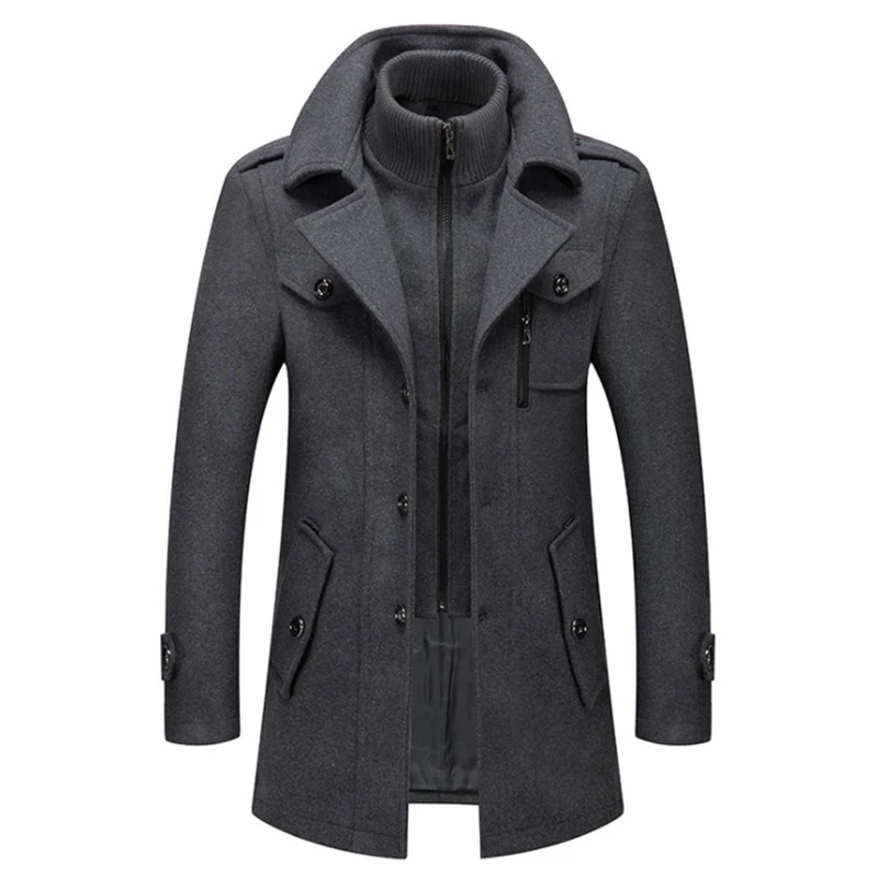 Sobretudo de lã resistente ao frio masculino, trench coat gola dupla, casacos monocromáticos de lã, casaco casual masculino, outono, inverno, novo