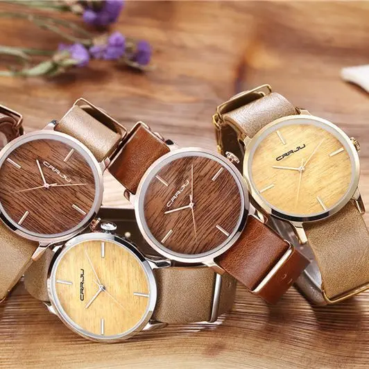 Crrju 2139 Mannen Liefhebbers Horloge Mode Vintage Imitatie Houtnerf Riem Paar Waterdichte Horloges Sturen Vriendin Gift Klok