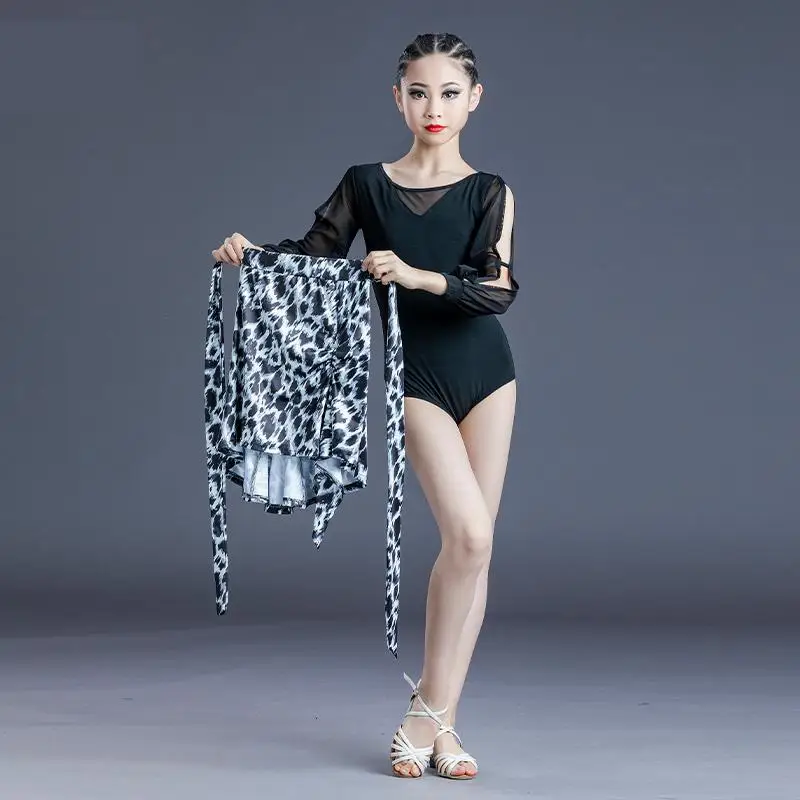 Girls Leopard Print Latin Ballroom Dance Competition Costumes Mesh Children Black Salsa Modern Latin Practice Dancewear Dress